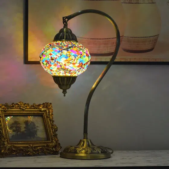 Turkish Style Colourful Copper Mosaic Glass Table Light in Copper and Mosaic Glass, scale view