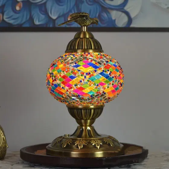 Turkish Moroccan Mosaic Glass Table Light in Copper and Mosaic Glass, detail view