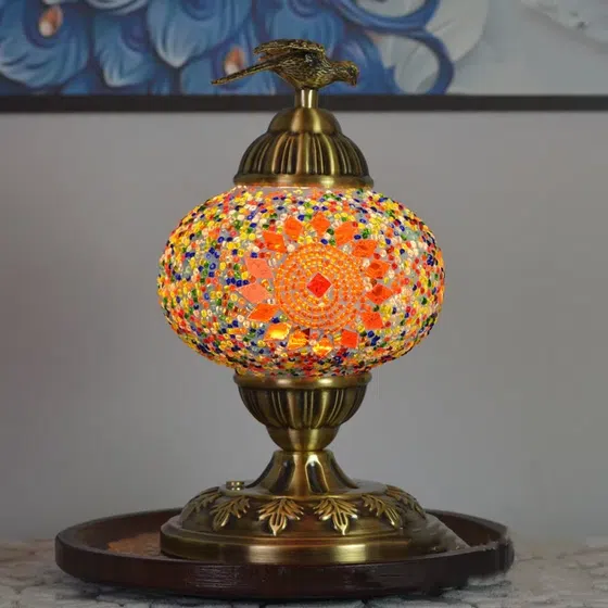 Turkish Moroccan Mosaic Glass Table Light in Copper and Mosaic Glass, installed view