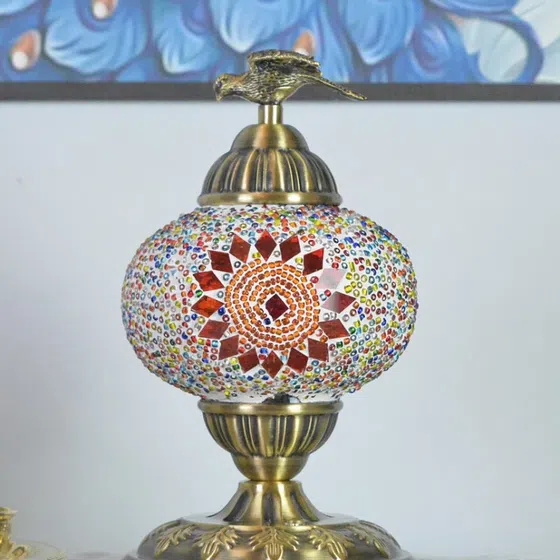 Turkish Moroccan Mosaic Glass Table Light in Copper and Mosaic Glass, scale view
