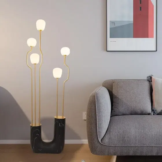 U-Shaped Glass Metal Black White Floor Light in Iron and Resin and Glass, installed view