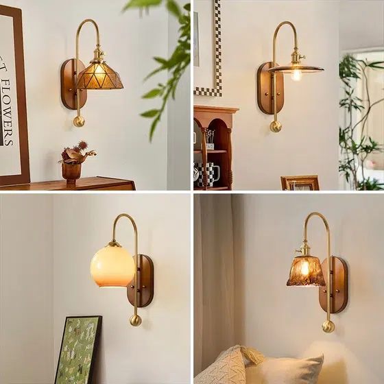 French Vintage Iron Body LED Glass Wood Wall Lamp in Iron and Wood and Glass, product photograph