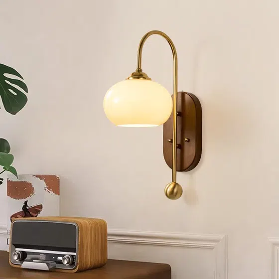 French Vintage Iron Body LED Glass Wood Wall Lamp in Iron and Wood and Glass, detail view