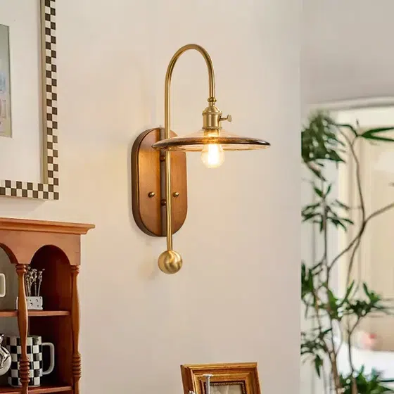 French Vintage Iron Body LED Glass Wood Wall Lamp in Iron and Wood and Glass, installed view
