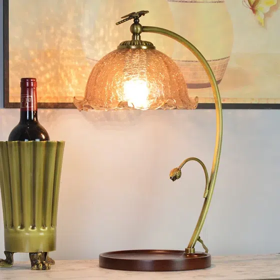 French Vintage Warm Glass Wood Table Lamp, product photograph