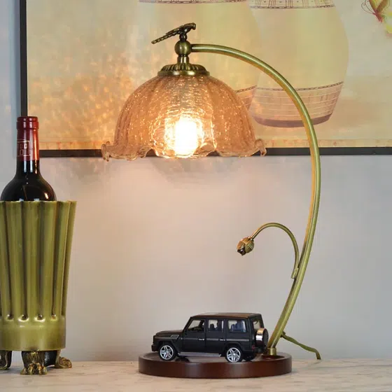 French Vintage Warm Glass Wood Table Lamp, detail view