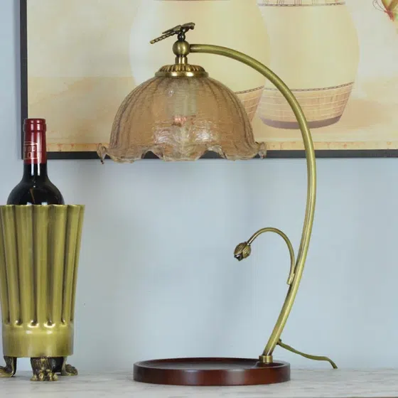 French Vintage Warm Glass Wood Table Lamp, installed view