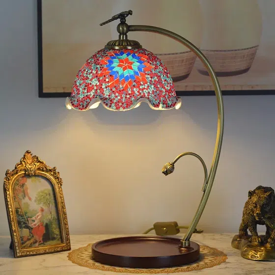 French Vintage Warm Glass Wood Table Lamp, scale view