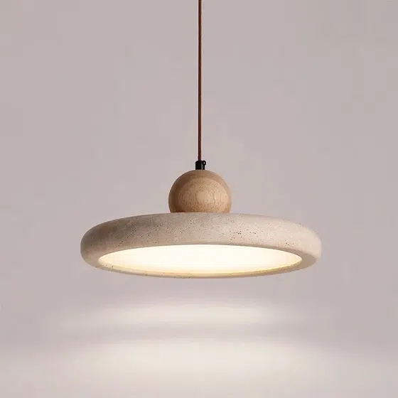 D30cm Wabi Sabi Stone LED Pendant Lamp in Yellow Travertine and Wood and Metal, product photograph