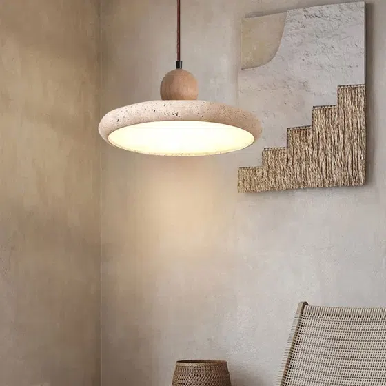 D30cm Wabi Sabi Stone LED Pendant Lamp in Yellow Travertine and Wood and Metal, detail view
