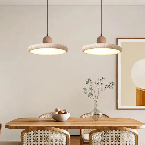 D30cm Wabi Sabi Stone LED Pendant Lamp in Yellow Travertine and Wood and Metal, installed view