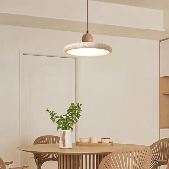 D30cm Wabi Sabi Stone LED Pendant Lamp in Yellow Travertine and Wood and Metal, scale view