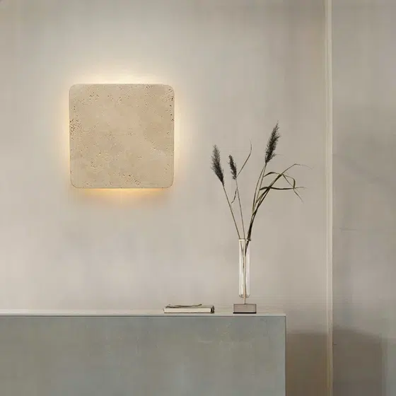 Wabi-Sabi Style LED Stone Wall Lamp in Hardware and Yellow Stone, installed view