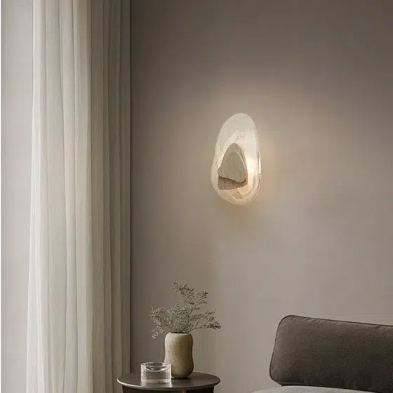 Wabi-Sabi Style LED Stone Wall Lamp in Hardware and Yellow Stone, scale view