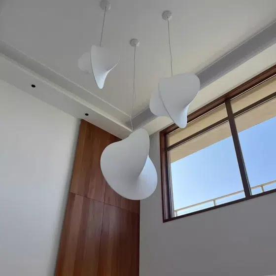 H74CM White Artificial Silk Pendant Lamp in Iron and Silk, installed view