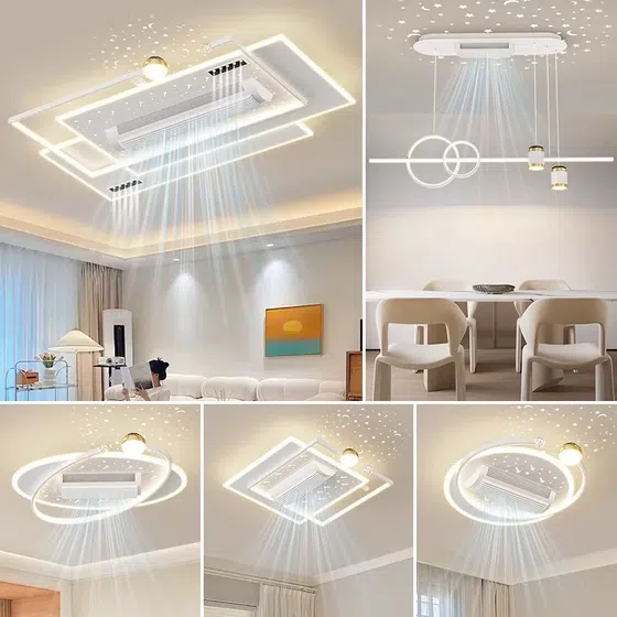 White Black Metal LED Ceiling Fan Light in Metal and PC and Acrylic, detail view
