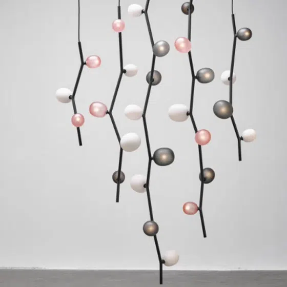 White Black Pink Tree Pendant Light in Hardware and Glass, product photograph