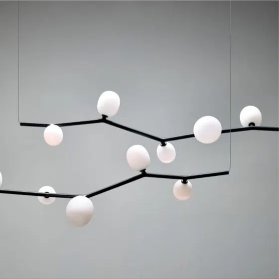 White Black Pink Tree Pendant Light in Hardware and Glass, detail view