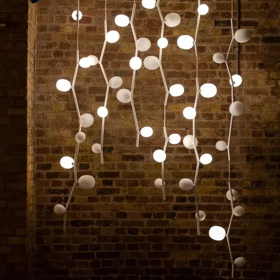 White Black Pink Tree Pendant Light in Hardware and Glass, installed view