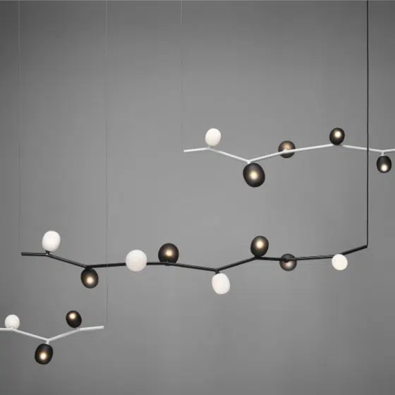 White Black Pink Tree Pendant Light in Hardware and Glass, scale view