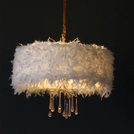 D85CM White Crown Feather Chandelier in Copper and Glass, product photograph