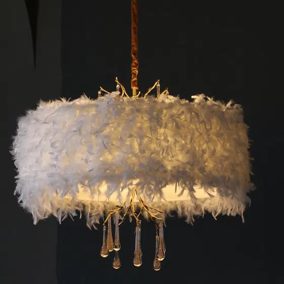 D85CM White Crown Feather Chandelier in Copper and Glass, detail view