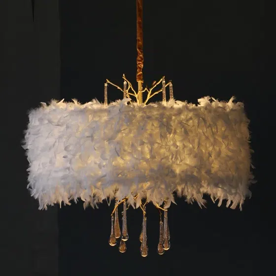 D85CM White Crown Feather Chandelier in Copper and Glass, installed view