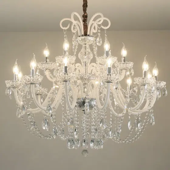 White Crystal Candle Chandelier in Iron and Crystal and Glass and Fabric, product photograph