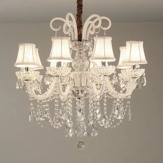 White Crystal Candle Chandelier in Iron and Crystal and Glass and Fabric, detail view