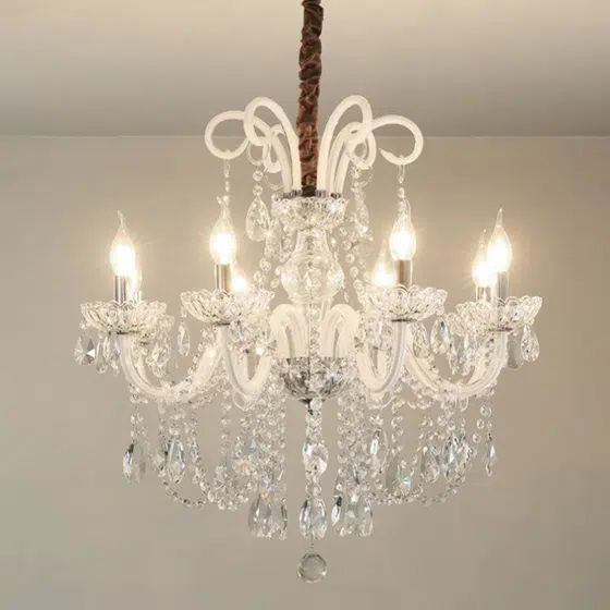 White Crystal Candle Chandelier in Iron and Crystal and Glass and Fabric, installed view