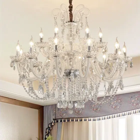 White Crystal Candle Chandelier in Iron and Crystal and Glass and Fabric, scale view