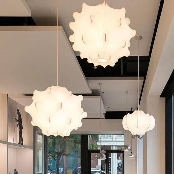 E27/E26 White Wave Silk Pendant Light in Iron and Silk, installed view