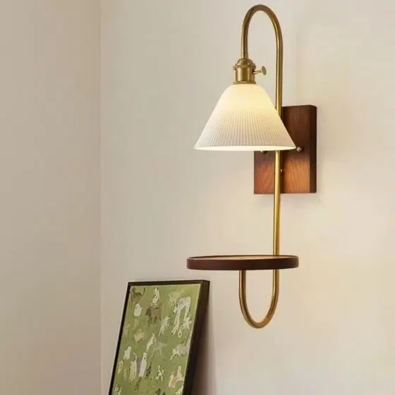 Nordic Retro Wood LED Metal Ceramic Wall Lamp in Iron and Ceramic/Glass and Wood, product photograph