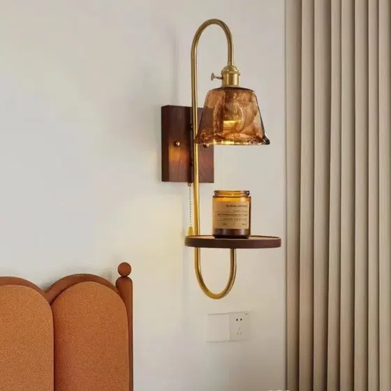 Nordic Retro Wood LED Metal Ceramic Wall Lamp in Iron and Ceramic/Glass and Wood, installed view