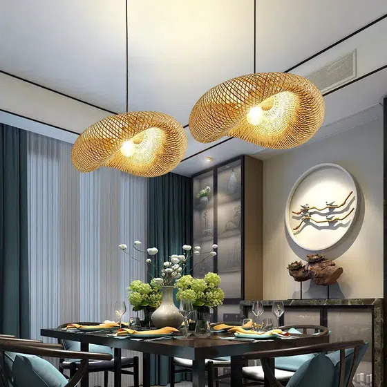 D40CM Round Wood Rattan Wicker Pendant Lamp in Wood and Metal, detail view