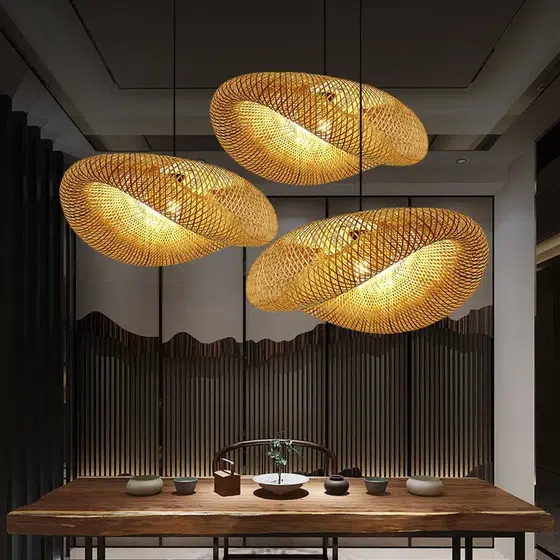 D40CM Round Wood Rattan Wicker Pendant Lamp in Wood and Metal, installed view