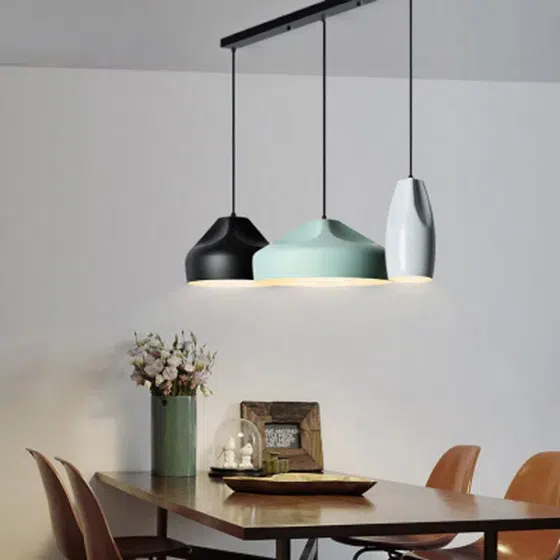 E27 Red Yellow Blue Aluminum Pendant Light in Aluminum, installed view