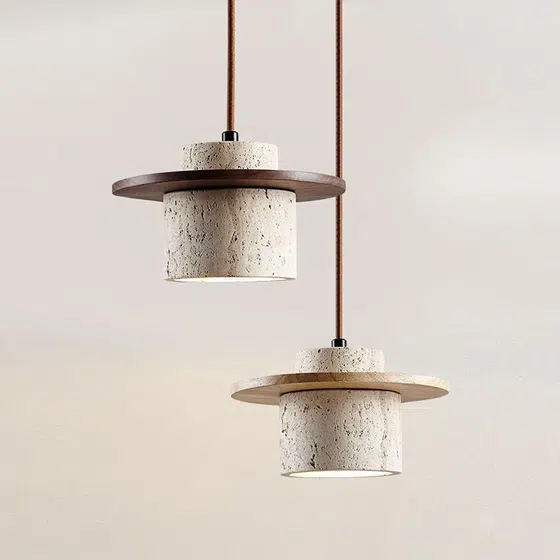 E27/E26 Yellow Caver Stone Pendant Light in Wood and Yellow Travertine, product photograph