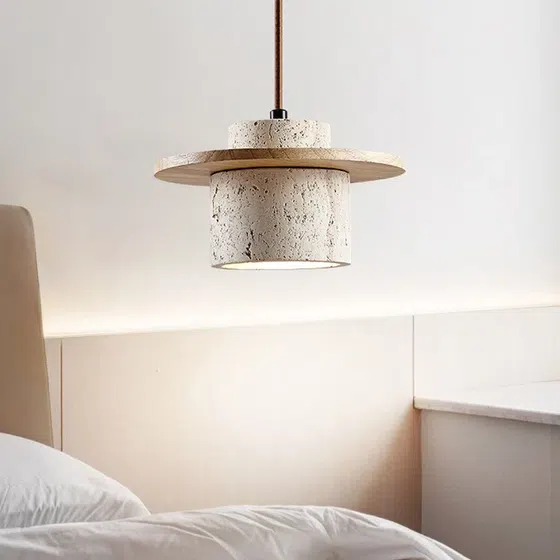 E27/E26 Yellow Caver Stone Pendant Light in Wood and Yellow Travertine, installed view