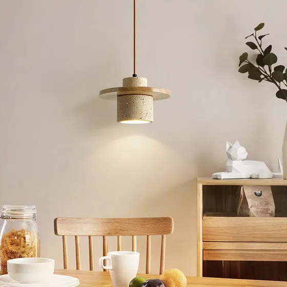E27/E26 Yellow Caver Stone Pendant Light in Wood and Yellow Travertine, scale view