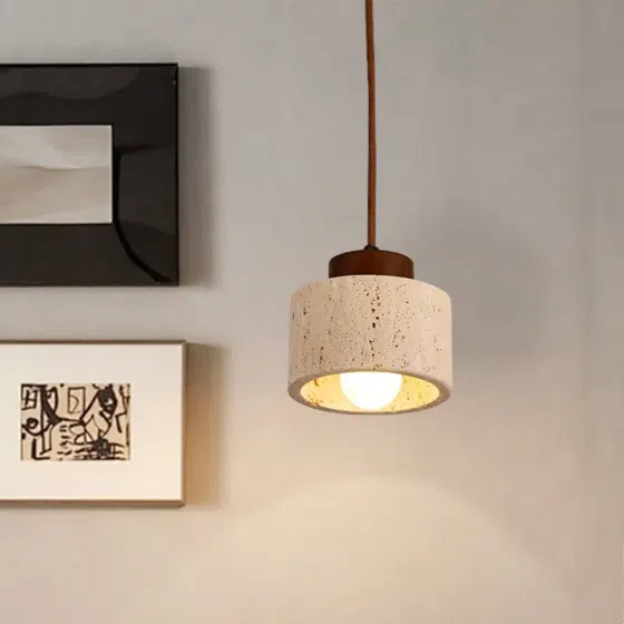 D12cm Yellow Cylinder Stone Pendant Lamp in Yellow Travertine and Wood and Metal, product photograph