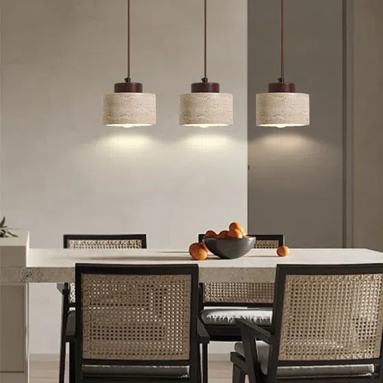 D12cm Yellow Cylinder Stone Pendant Lamp in Yellow Travertine and Wood and Metal, detail view
