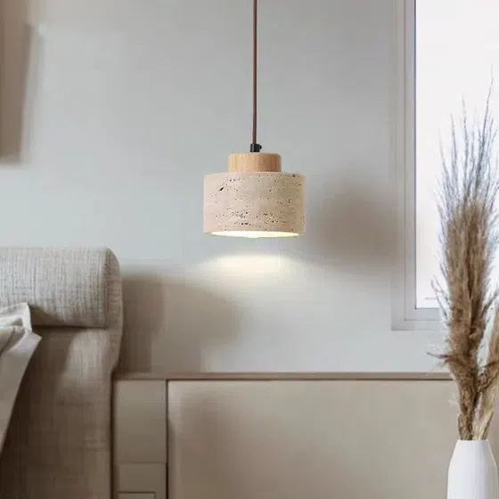 D12cm Yellow Cylinder Stone Pendant Lamp in Yellow Travertine and Wood and Metal, installed view
