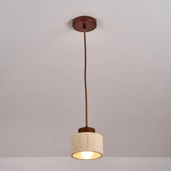 D12cm Yellow Cylinder Stone Pendant Lamp in Yellow Travertine and Wood and Metal, scale view
