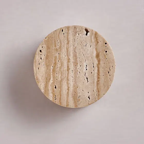 D10cm Yellow Travertine Round LED Wall Light in Wood and Yellow Travertine, detail view