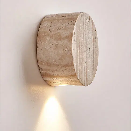 D10cm Yellow Travertine Round LED Wall Light in Wood and Yellow Travertine, installed view