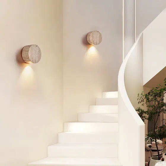 D10cm Yellow Travertine Round LED Wall Light in Wood and Yellow Travertine, scale view