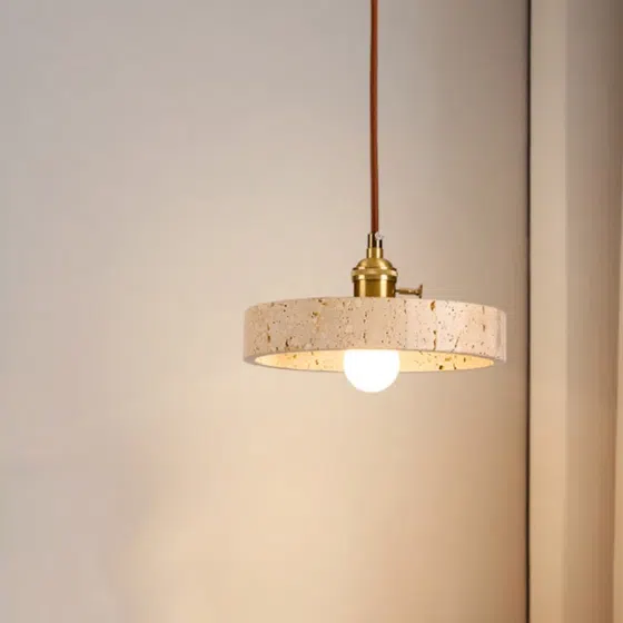 H11cm Yellow Travertine Stone Pendant Lamp in Yellow Travertine and Wood and Metal, product photograph