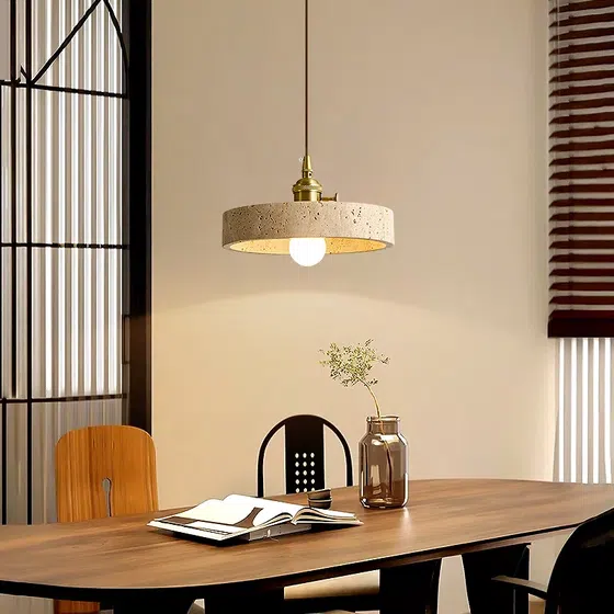 H11cm Yellow Travertine Stone Pendant Lamp in Yellow Travertine and Wood and Metal, detail view