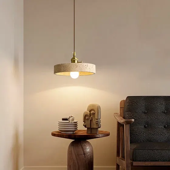 H11cm Yellow Travertine Stone Pendant Lamp in Yellow Travertine and Wood and Metal, installed view